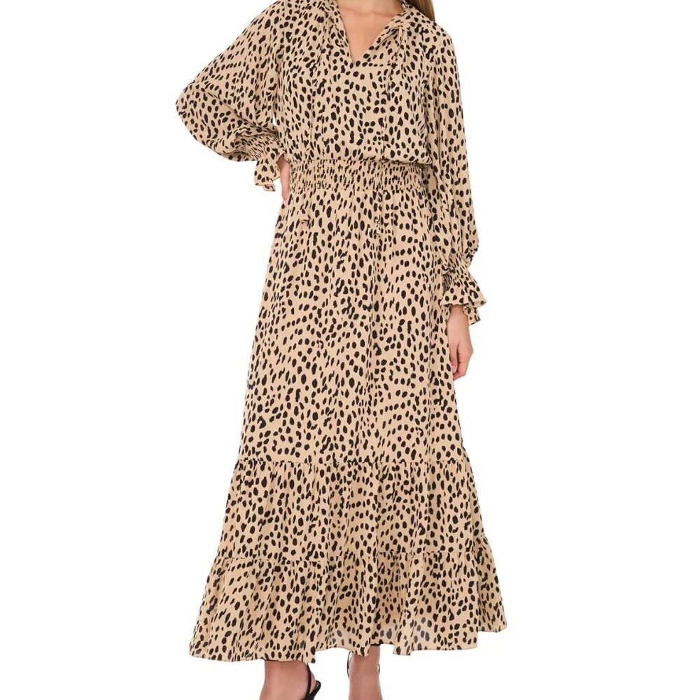 Vince Camuto Women’s Printed Smocked Waist Maxi Dress XS Long Sleeve Boho